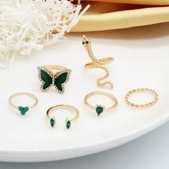 Green Butterfly Crystal Snake Shape Ring Set (6 pcs)